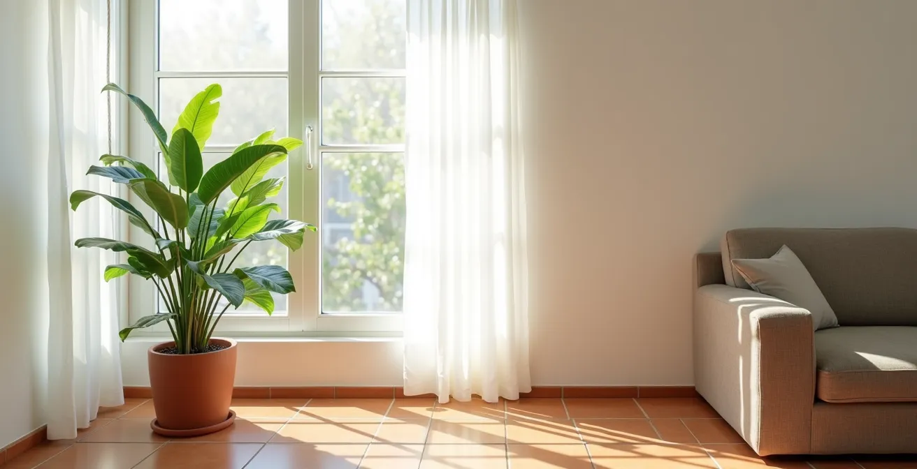 Planta tropical en zona de transición con luz filtrada y campana de humedad