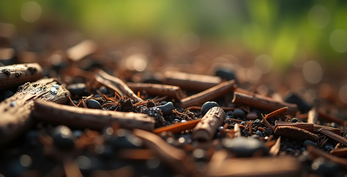 Detalle macro de acolchado natural protegiendo el suelo del jardín