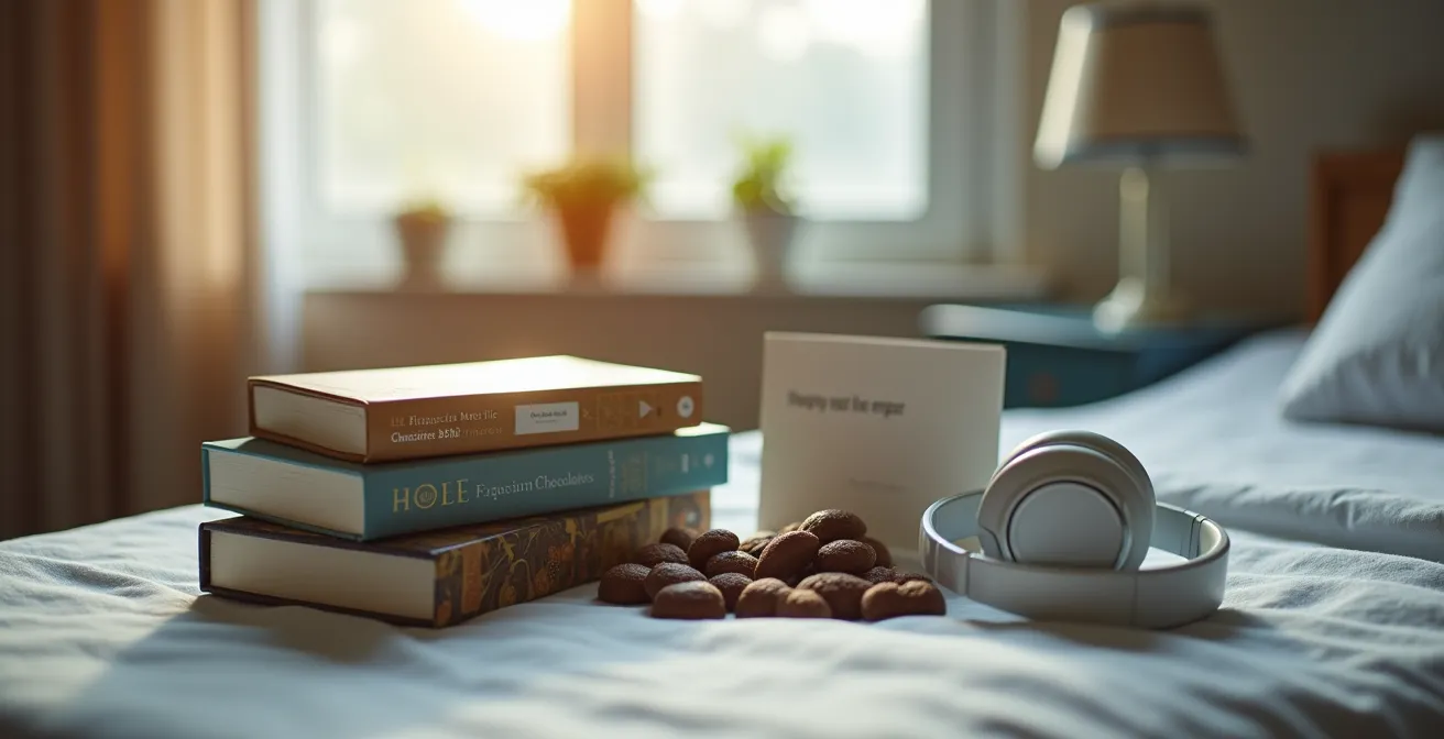 Mesa de hospital con regalos alternativos a las flores: libros, chocolates y auriculares