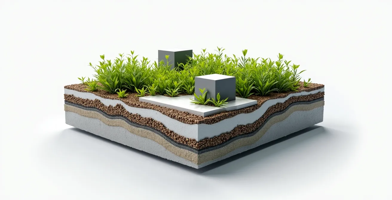 Sección técnica de una cubierta ajardinada mostrando las diferentes capas y distribución de cargas