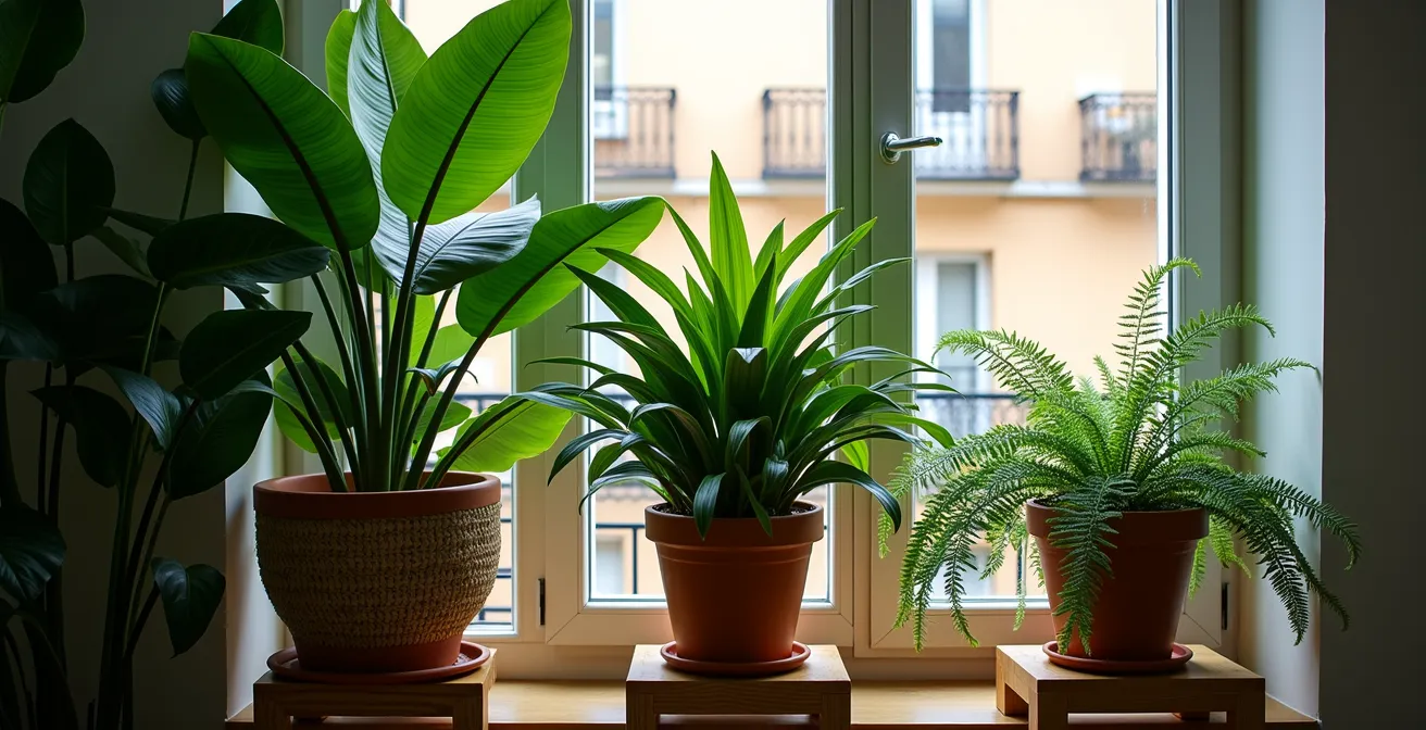 Agrupación densa de plantas XL creando barrera acústica junto a ventanal de piso urbano español