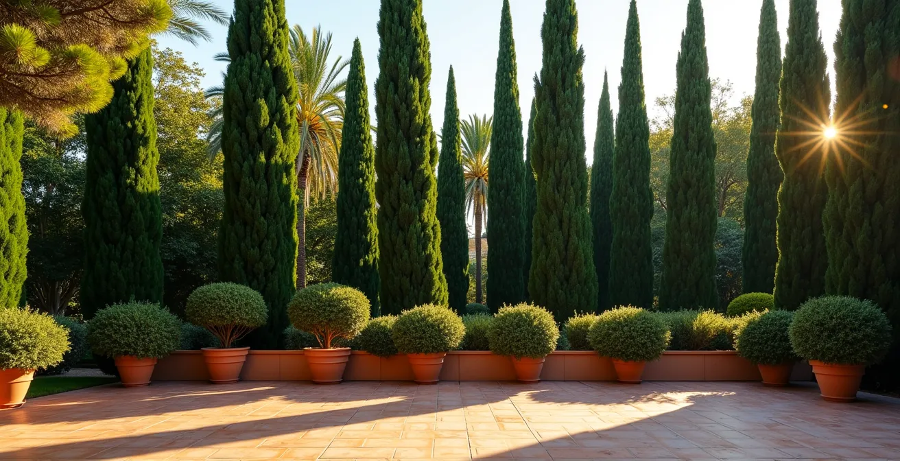 Barrera vegetal de cipreses y pittosporum protegiendo terraza mediterránea
