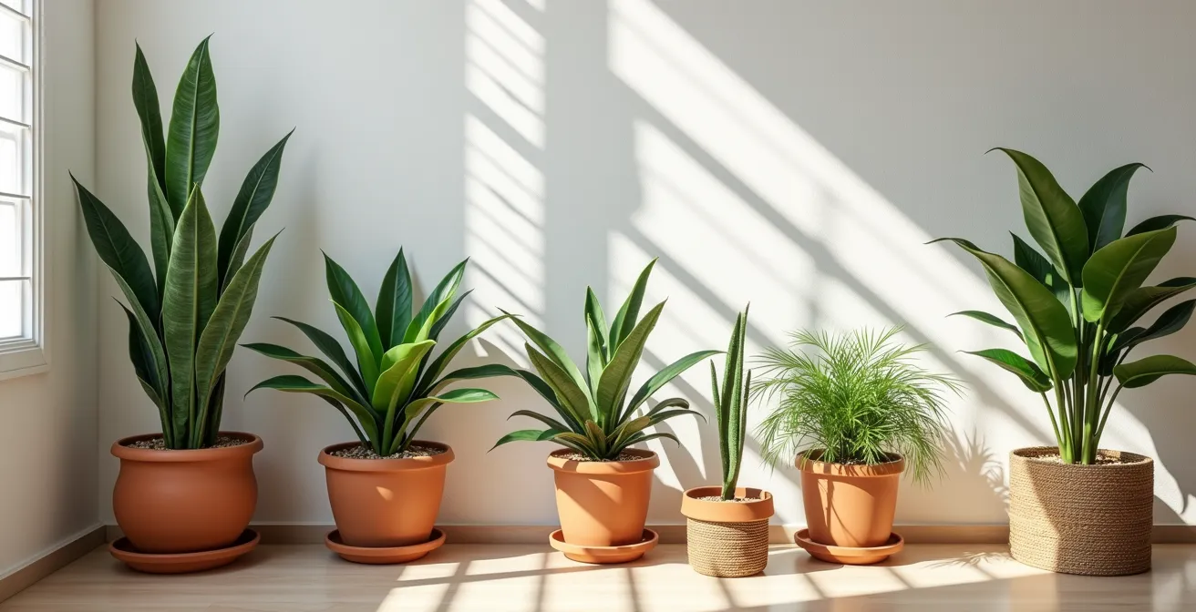 Composición de plantas purificadoras de aire como Sansevieria y Espatifilo en un rincón luminoso de un hogar mediterráneo.