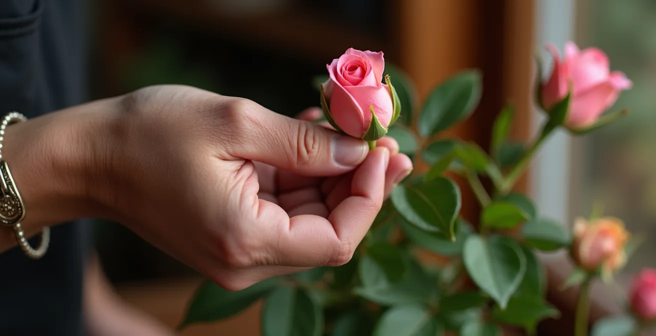 Primer plano de mano examinando delicadamente un capullo de rosa para evaluar su estado de madurez