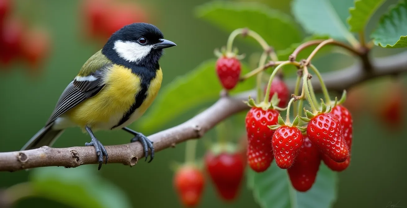 Carbonero común alimentándose en un madroño ibérico con frutos rojos