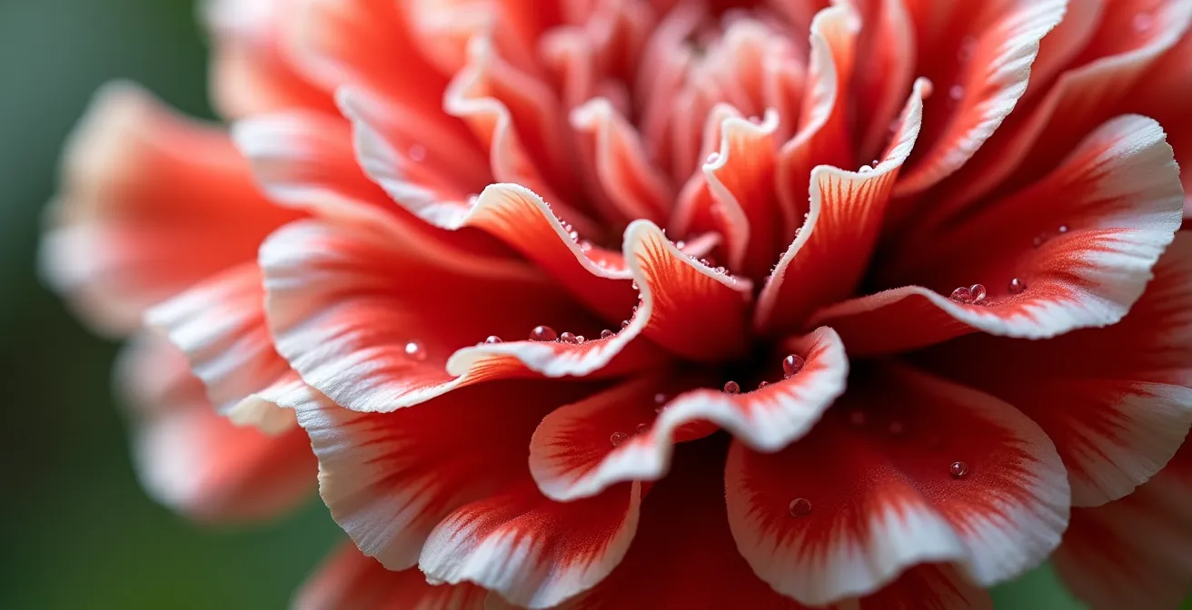 Detalle macro de claveles rojos y blancos en maceta de barro tradicional andaluza