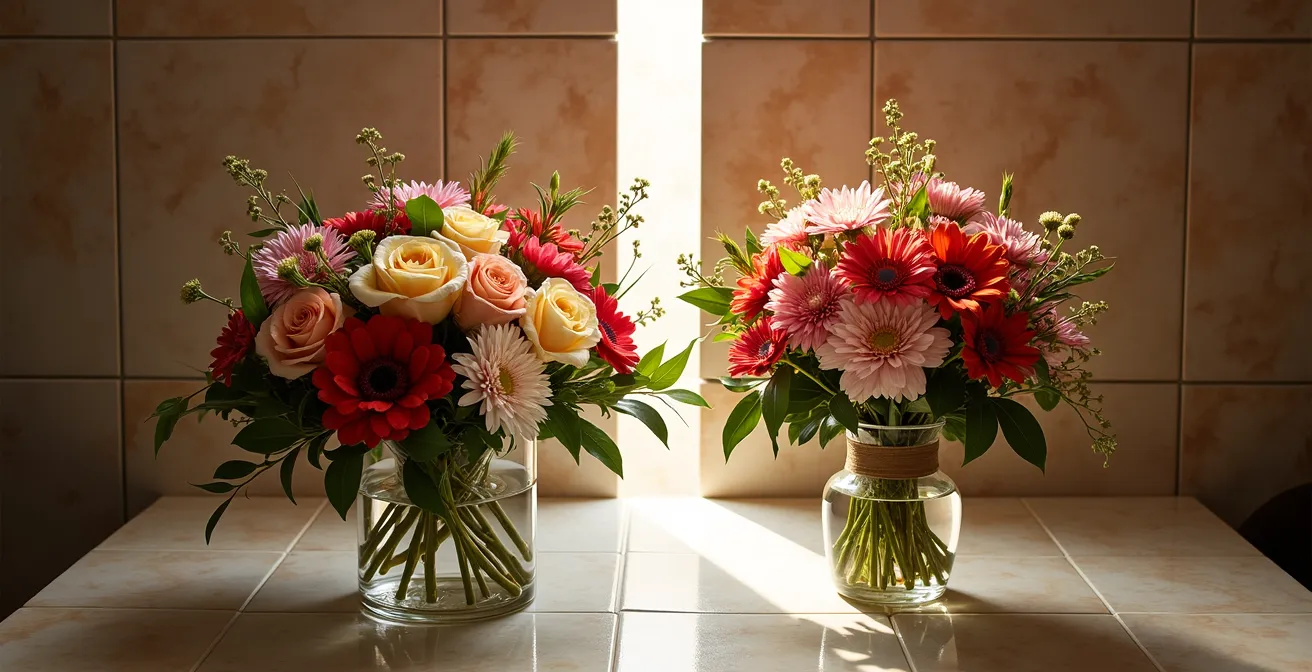 Comparación visual entre centro floral con base y ramo de mano tradicional