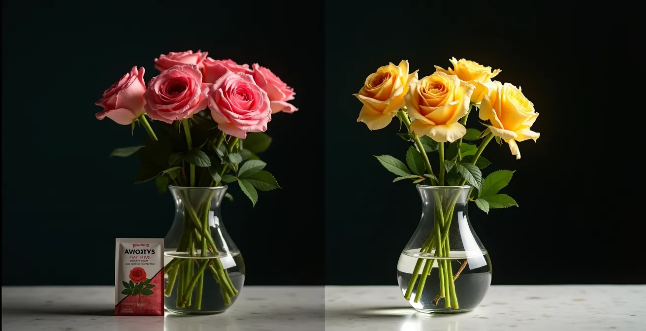 Comparación visual de flores con conservante profesional versus casero, mostrando la clara diferencia en vitalidad.