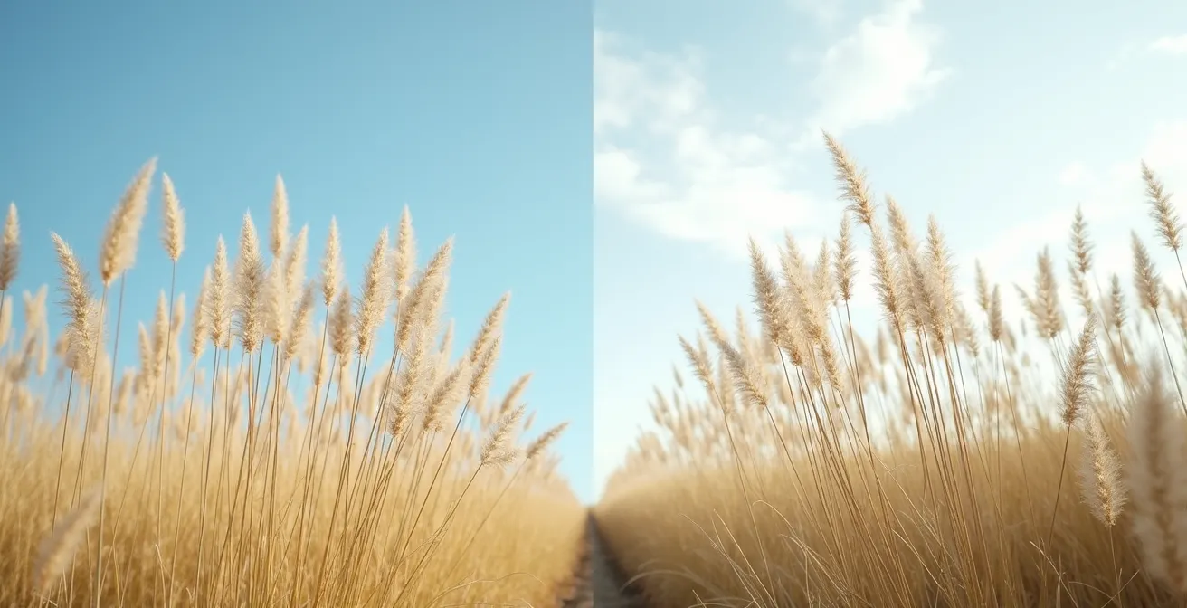 Contraste entre esparto autóctono y cortaderia invasora en paisaje mediterráneo