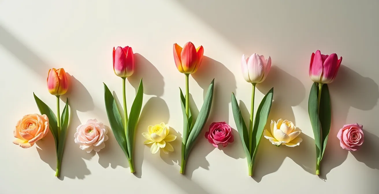 Composición mostrando diferentes flores en varios estados de apertura en una floristería