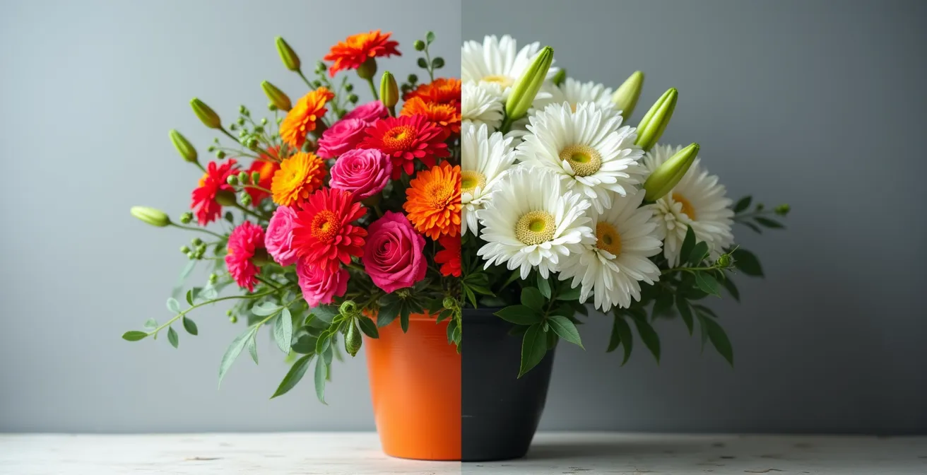 Composición dividida mostrando flores festivas coloridas versus flores de luto tradicionales