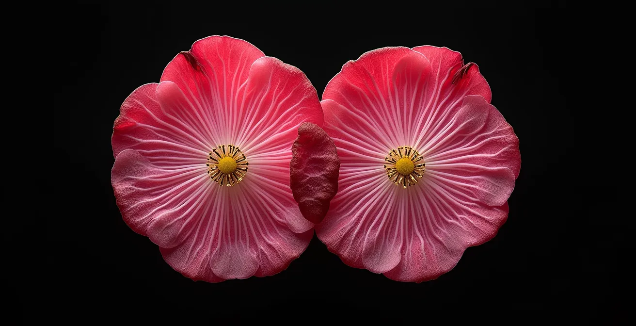 Vista microscópica comparando el corte limpio de cuchillo versus el daño por aplastamiento de tijeras en tallos de flores