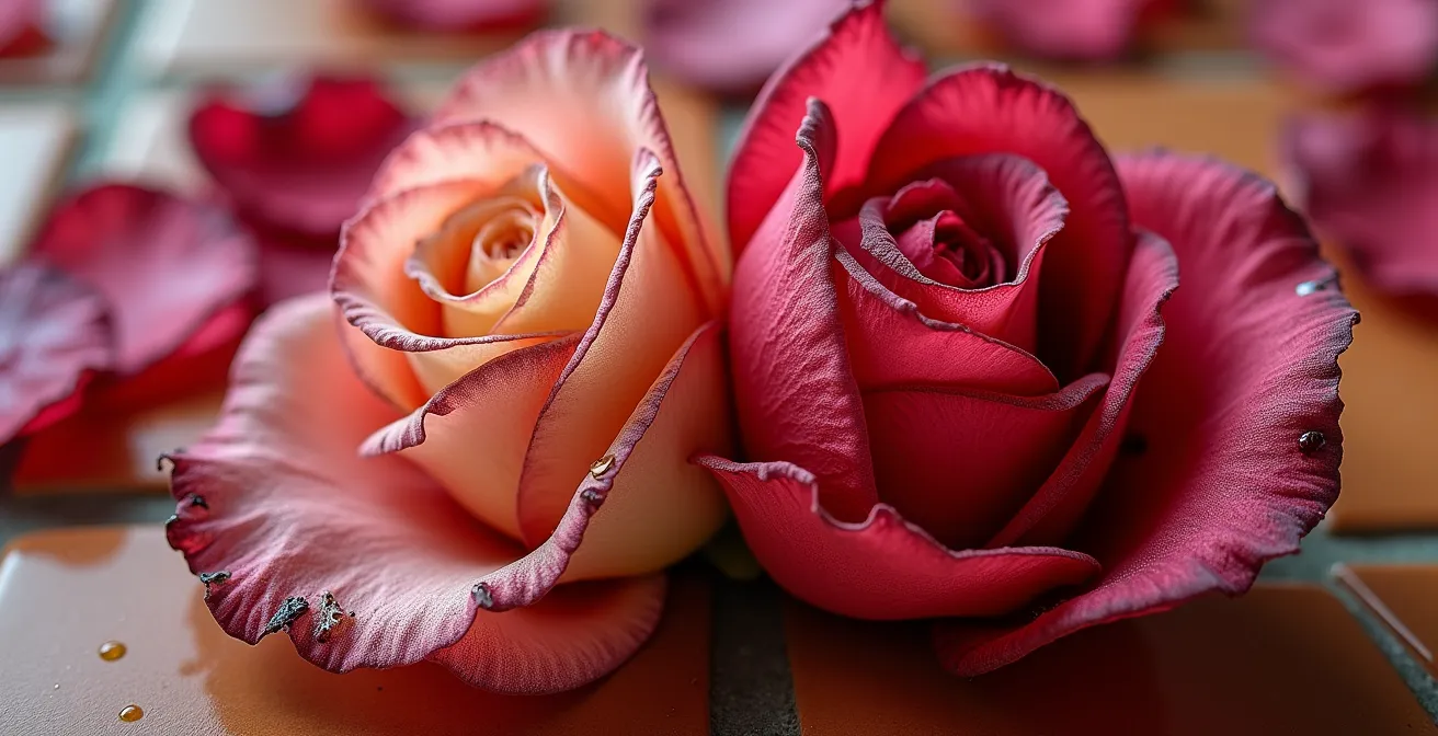 Comparación detallada entre pétalos de guarda secos y pétalos podridos en rosas rojas