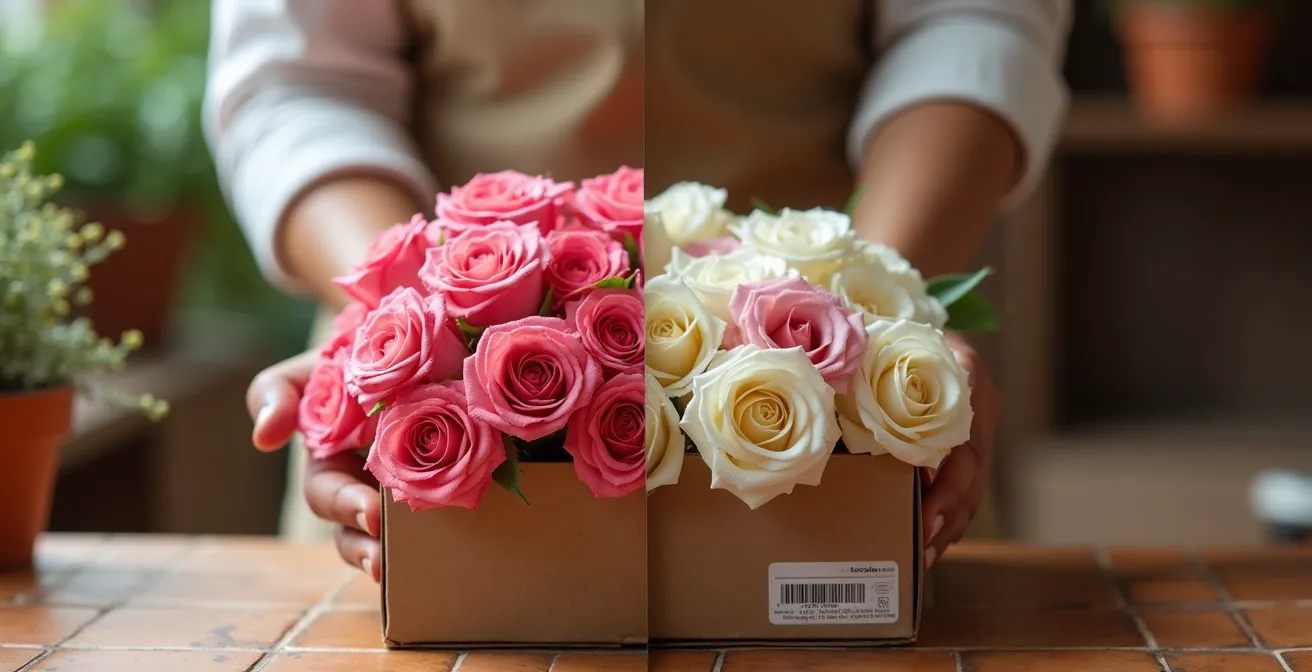Comparación visual entre florista local preparando ramo fresco y sistema de caja con hidrogel para envío