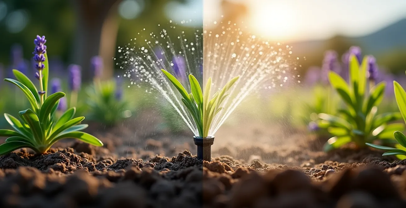 Comparación visual entre sistema de goteo y aspersión mostrando eficiencia del agua