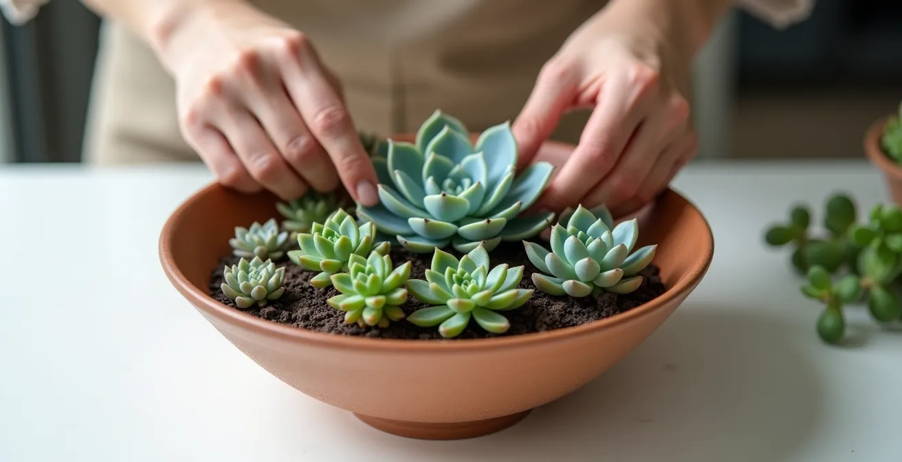 Composición de suculentas variadas en maceta cerámica tipo bowl ancha