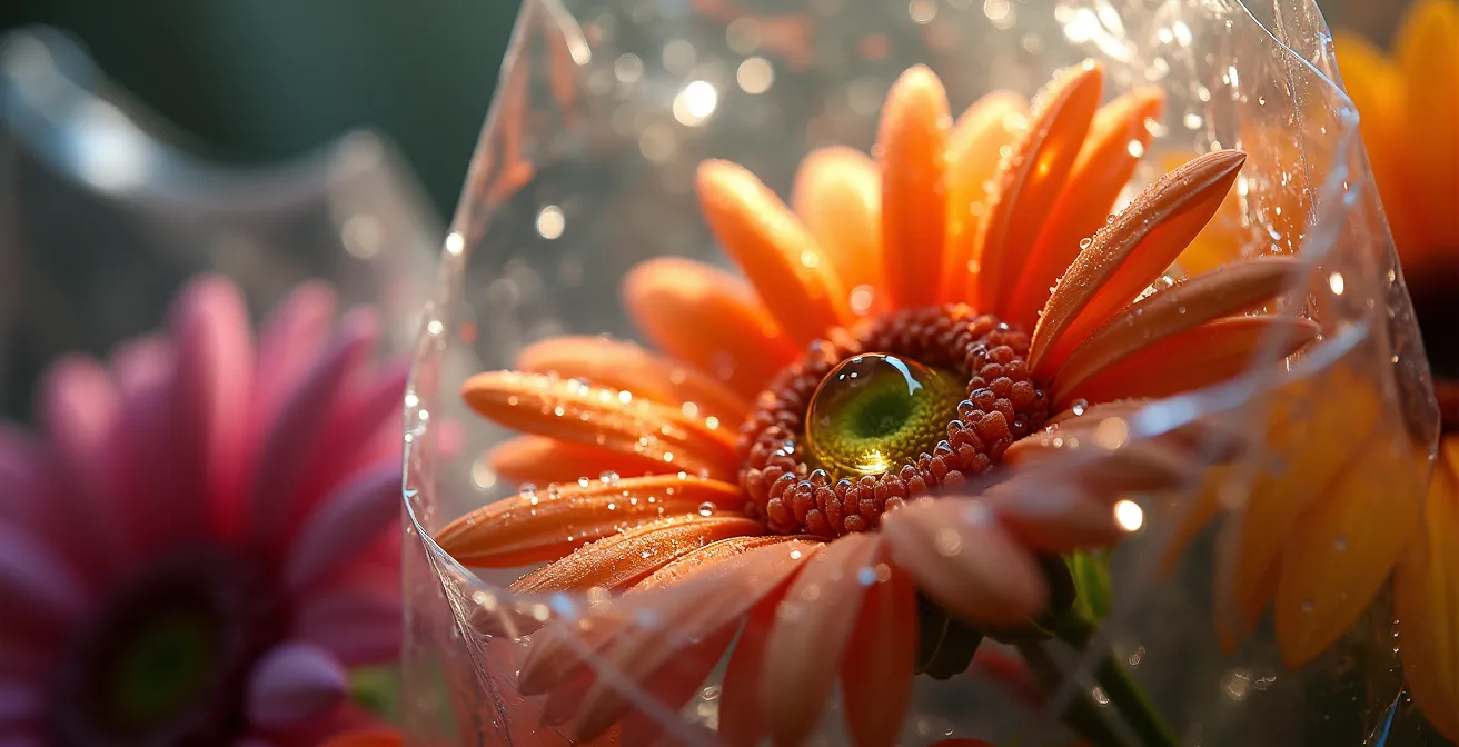 Interior de envoltorio plástico con microgotas de condensación sobre pétalos de flores