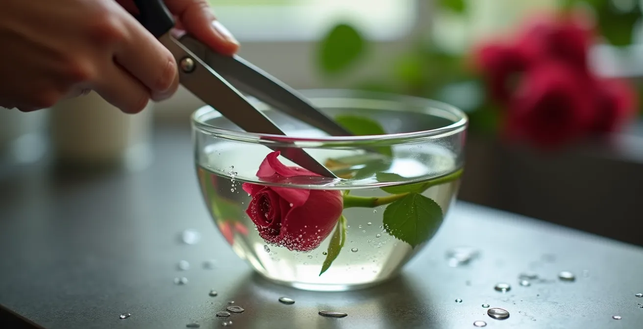 Manos cortando el tallo de una rosa en ángulo de 45 grados bajo el agua para una máxima absorción.