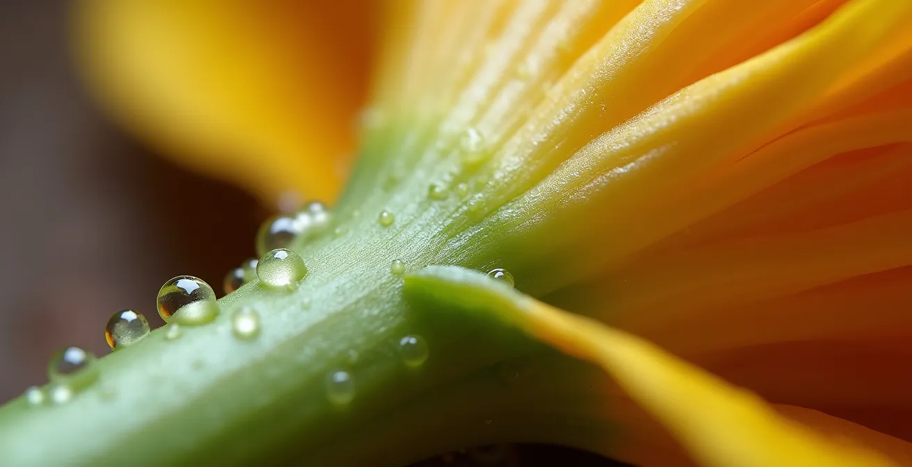 Detalle macro del corte en ángulo de 45 grados en un tallo floral mostrando los xilemas