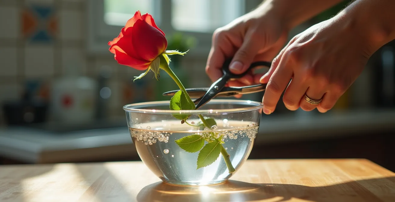 Manos cortando un tallo de flor directamente dentro de un recipiente con agua