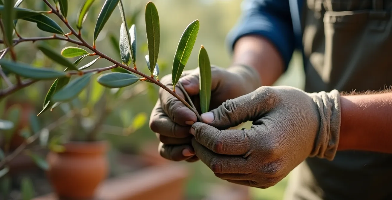 Comparación visual de hojas con síntomas de sed versus golpe de calor en plantas mediterráneas