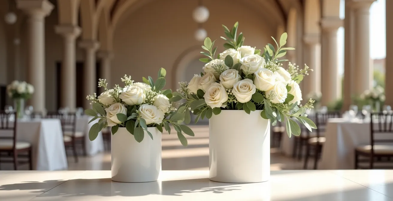 Arreglos florales modulares en pedestales blancos preparados para traslado