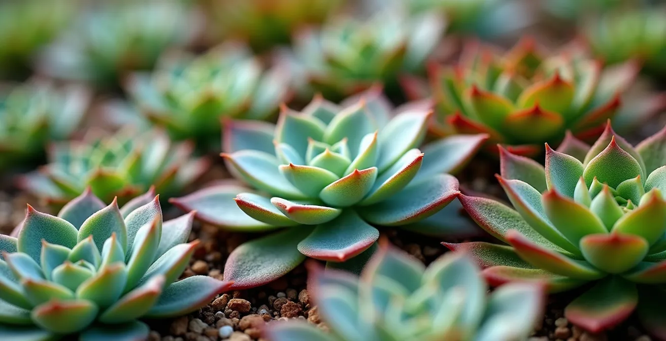 Composición de tapices vivos con crasas autóctonas creando patrones naturales en jardín seco