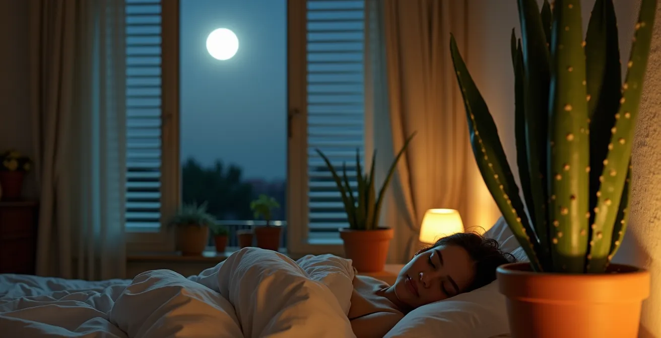 Dormitorio español con Sansevieria y Aloe Vera iluminado por luz lunar suave