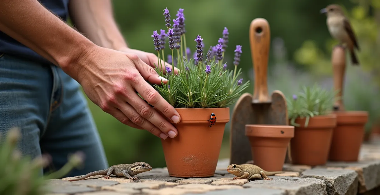 Cadena trófica natural en un jardín con mariquitas, lagartijas y aves insectívoras trabajando en equilibrio