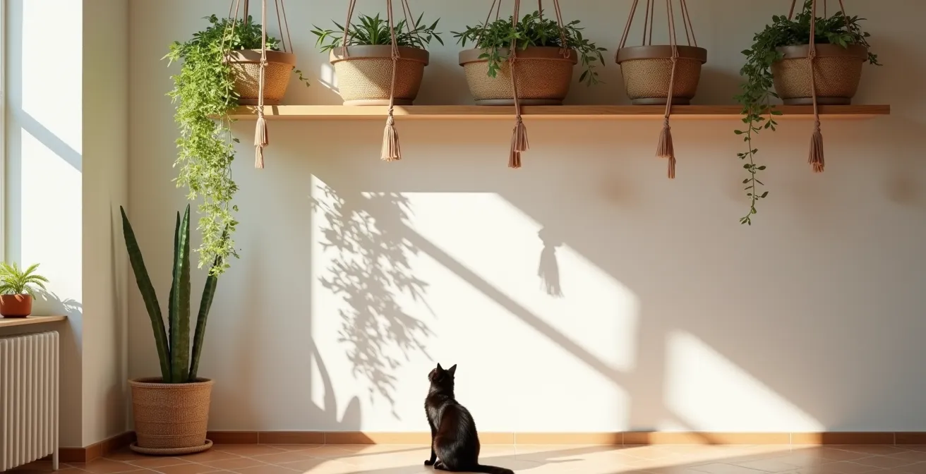 Estantería alta de madera con plantas colgantes de macramé fuera del alcance de mascotas en piso español