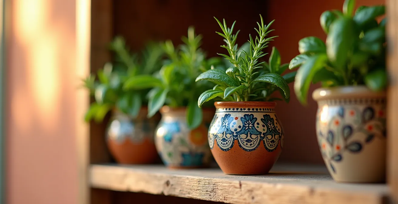 Estantería esquinera de madera con plantas aromáticas y cerámica española