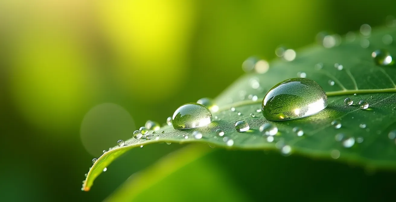 Gotas de agua evaporándose bajo el sol intenso del mediodía sobre hojas de plantas