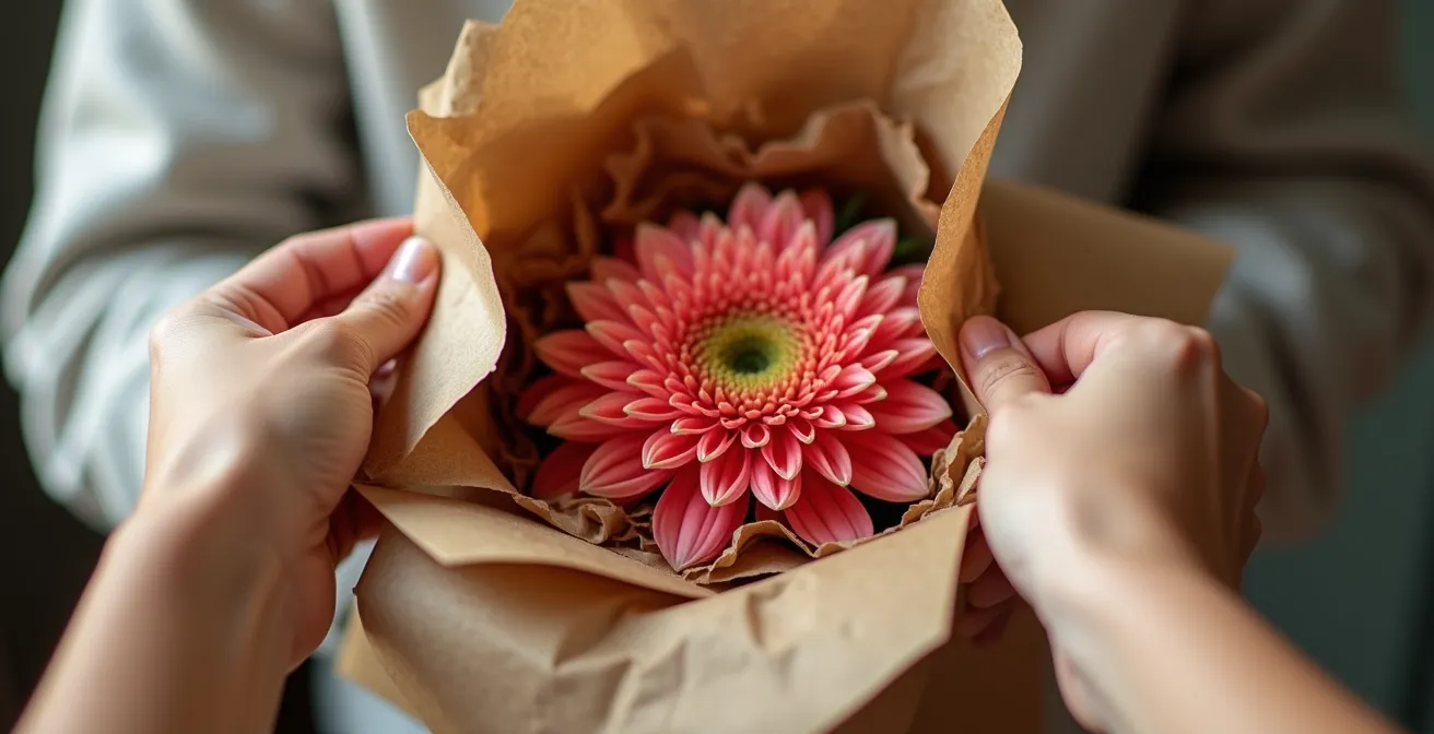 Proceso de unboxing de flores enviadas en caja con packaging sostenible