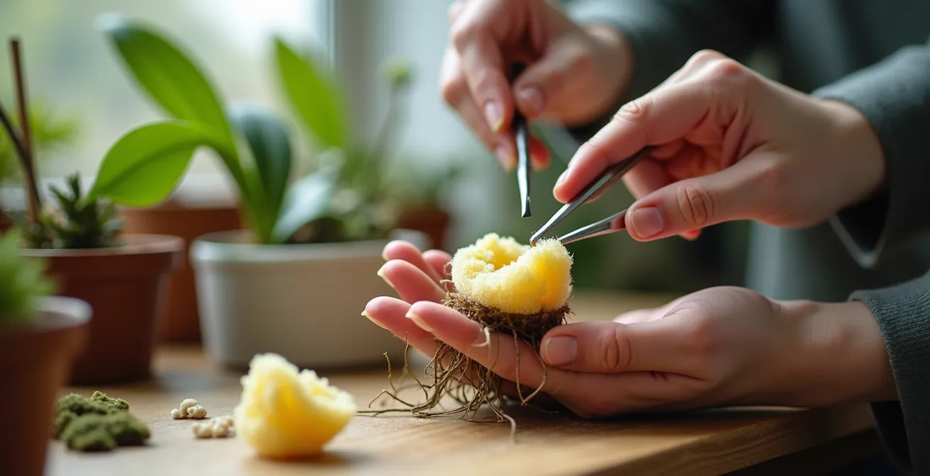 Manos extrayendo cuidadosamente tapón de esponja de las raíces de orquídea con pinzas
