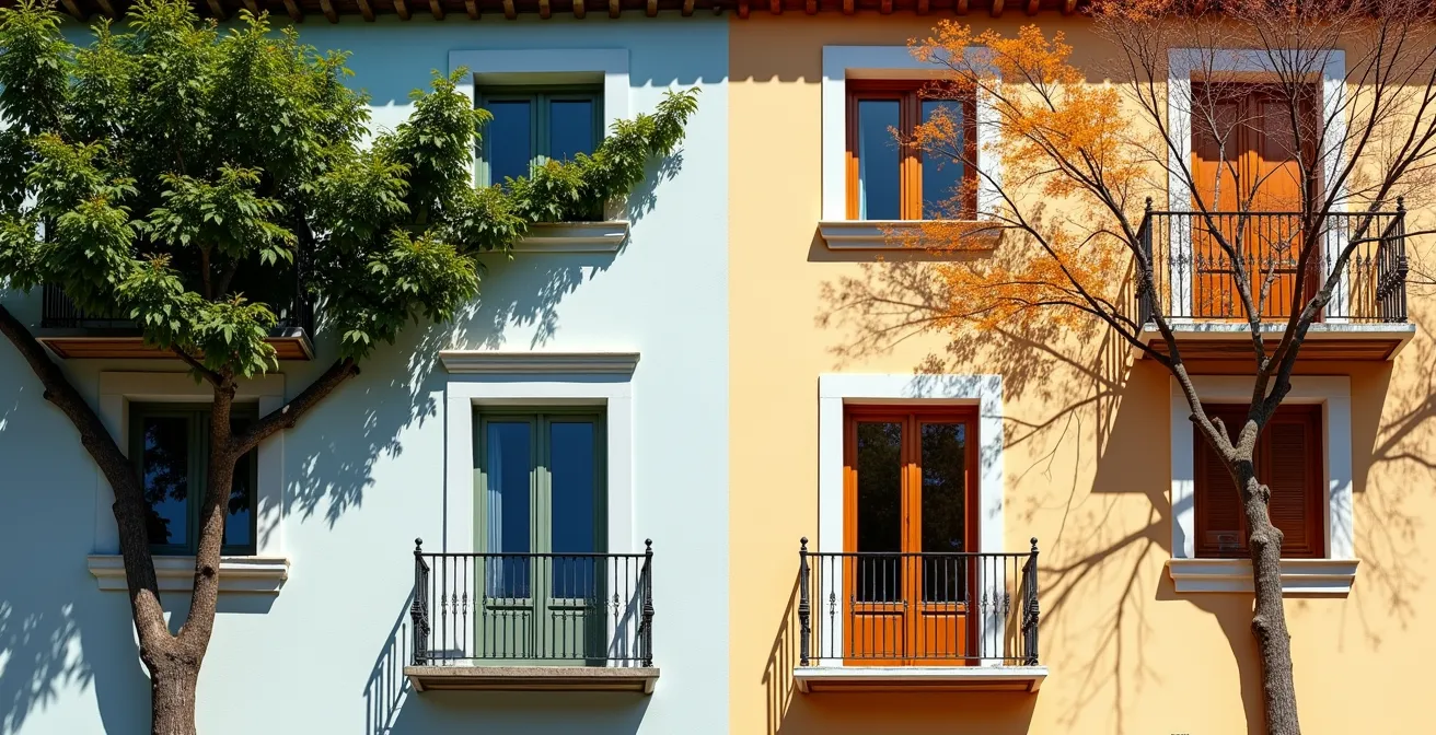 Vista comparativa de fachada con enredadera caduca mostrando sombra en verano y sol directo en invierno