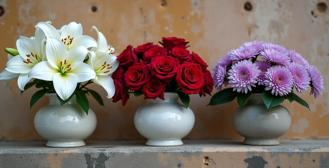 Composición de flores funerarias mostrando diferentes colores simbólicos: blanco, rojo y morado