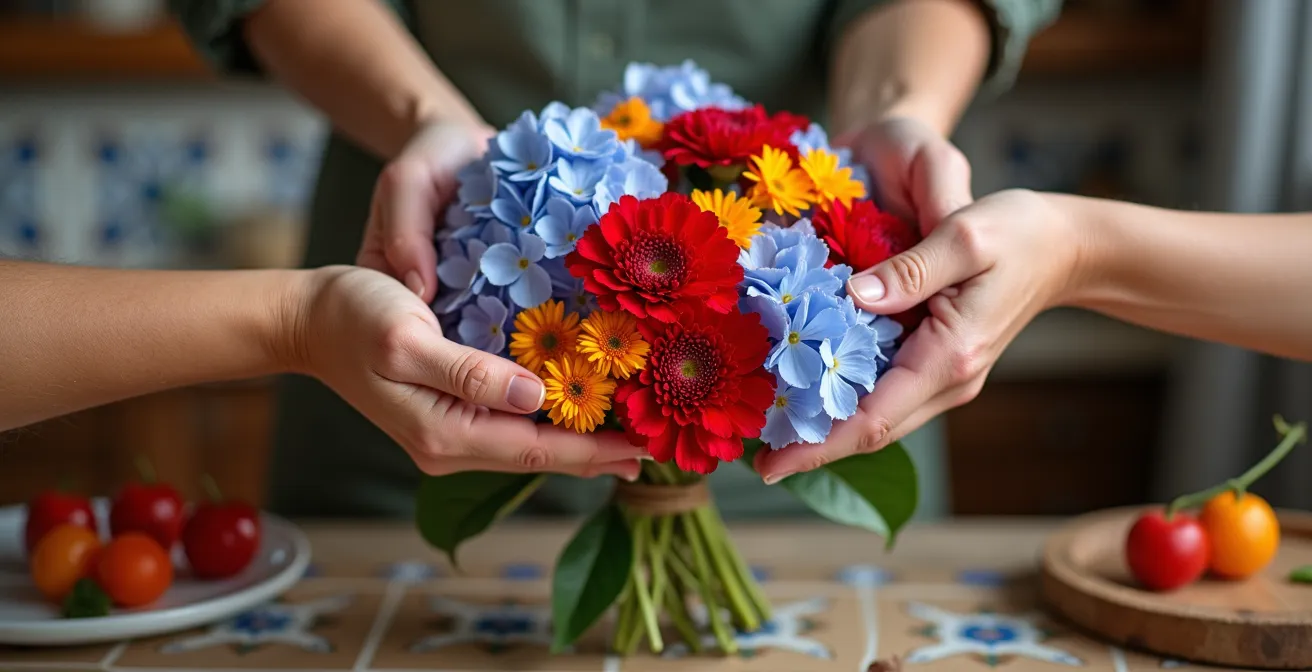 Composición de flores típicas españolas: claveles andaluces, hortensias gallegas y flor de azahar valenciana