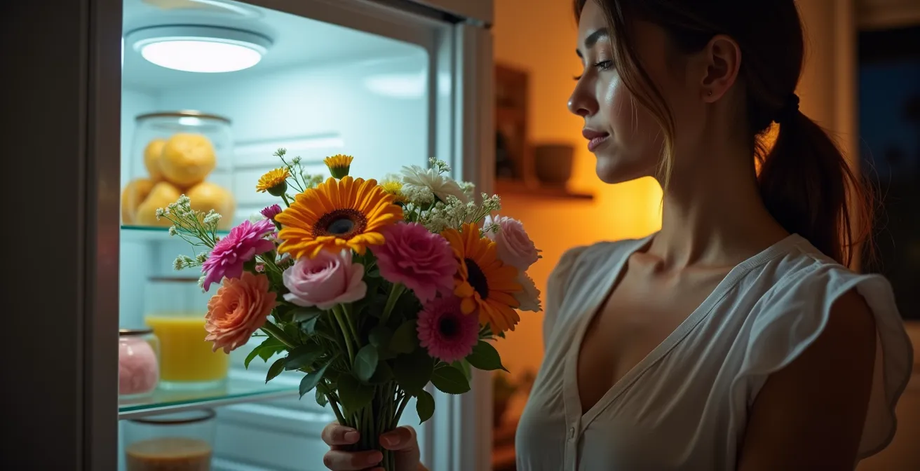 Una persona guardando cuidadosamente un ramo de flores frescas en la nevera por la noche para conservarlas.