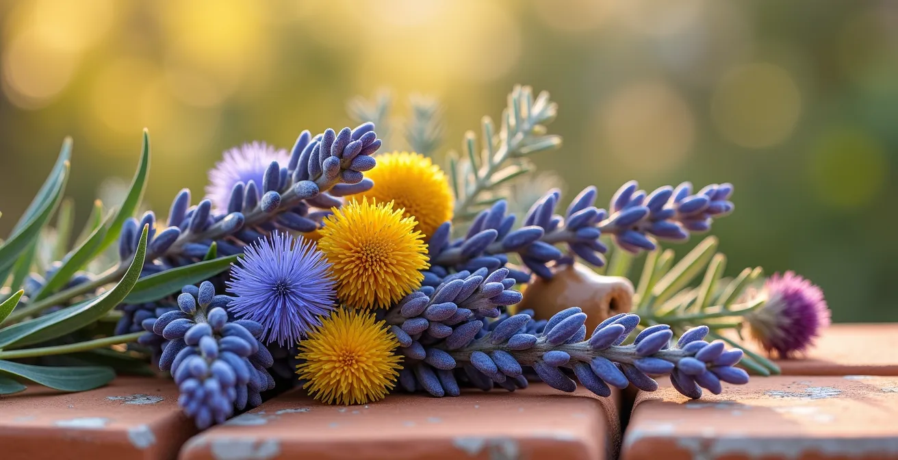 Composición de flores mediterráneas resistentes al calor con lavanda, olivo y siemprevivas