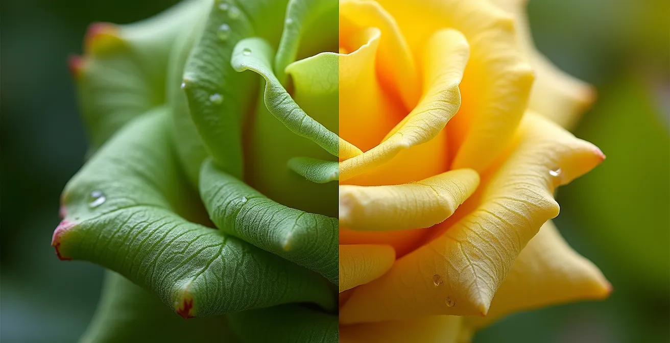 Detalle macro de hojas de rosa mostrando diferentes estados de frescura y deterioro