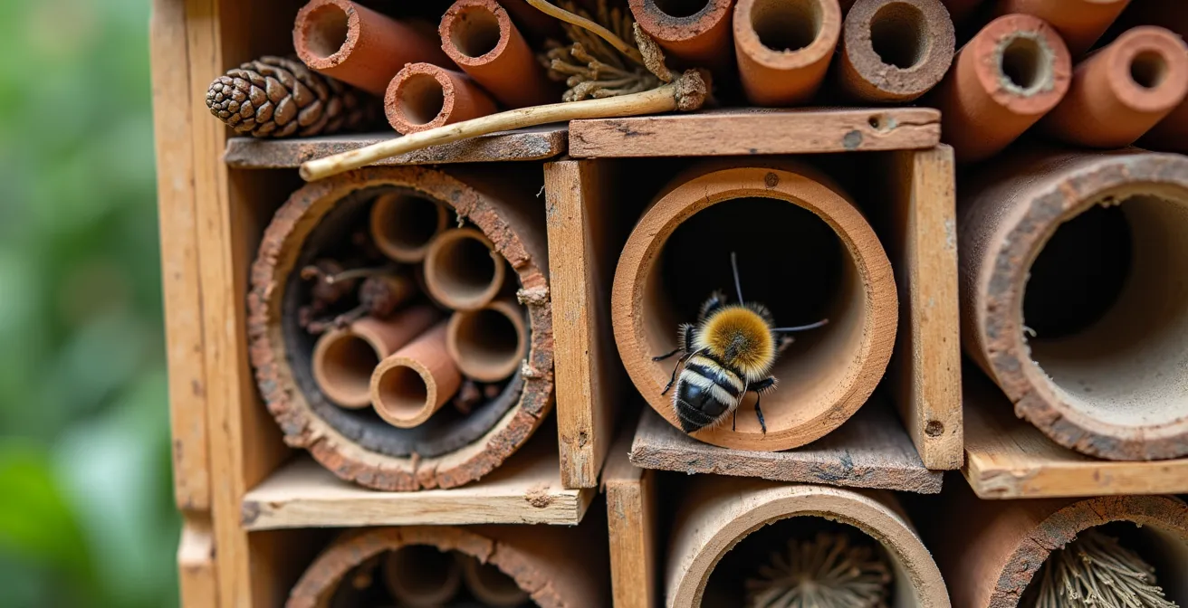 Hotel de insectos construido con tejas, cañas de bambú y piñas en un jardín español