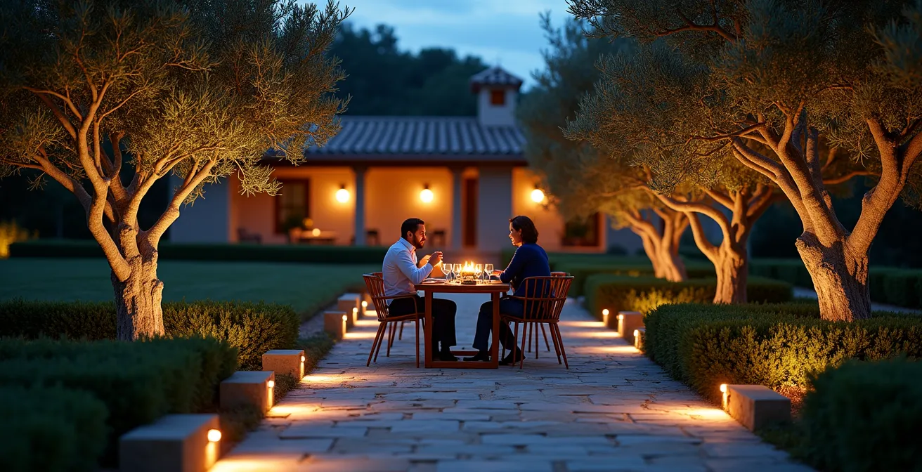 Jardín mediterráneo iluminado al atardecer con un sistema de luces LED que resalta los caminos y los olivos.