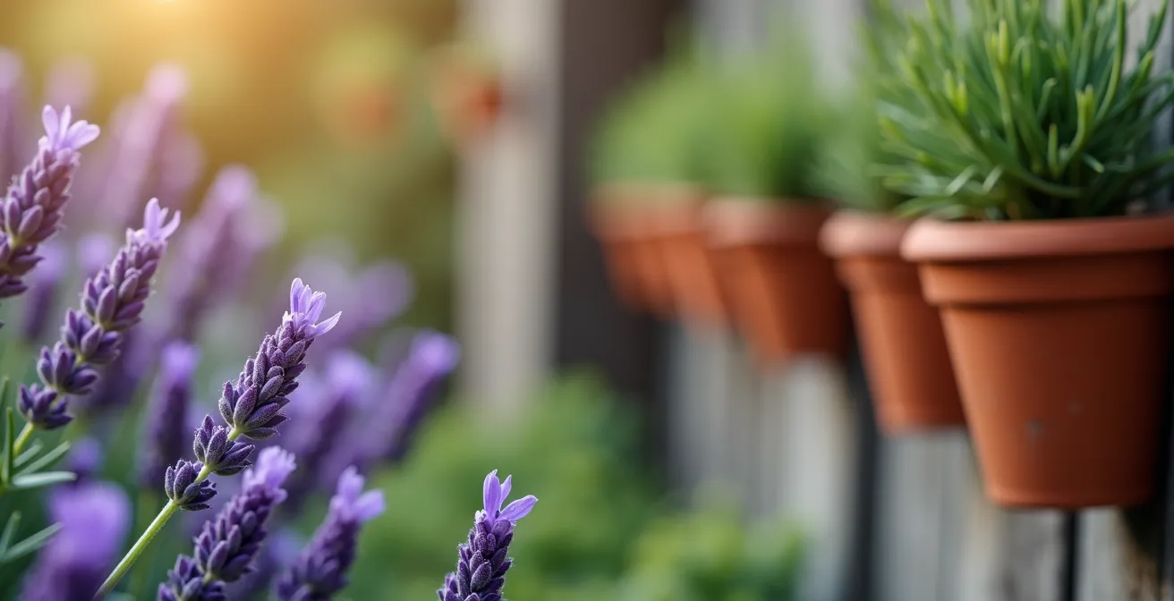 Jardín vertical con plantas aromáticas mediterráneas en balcón urbano