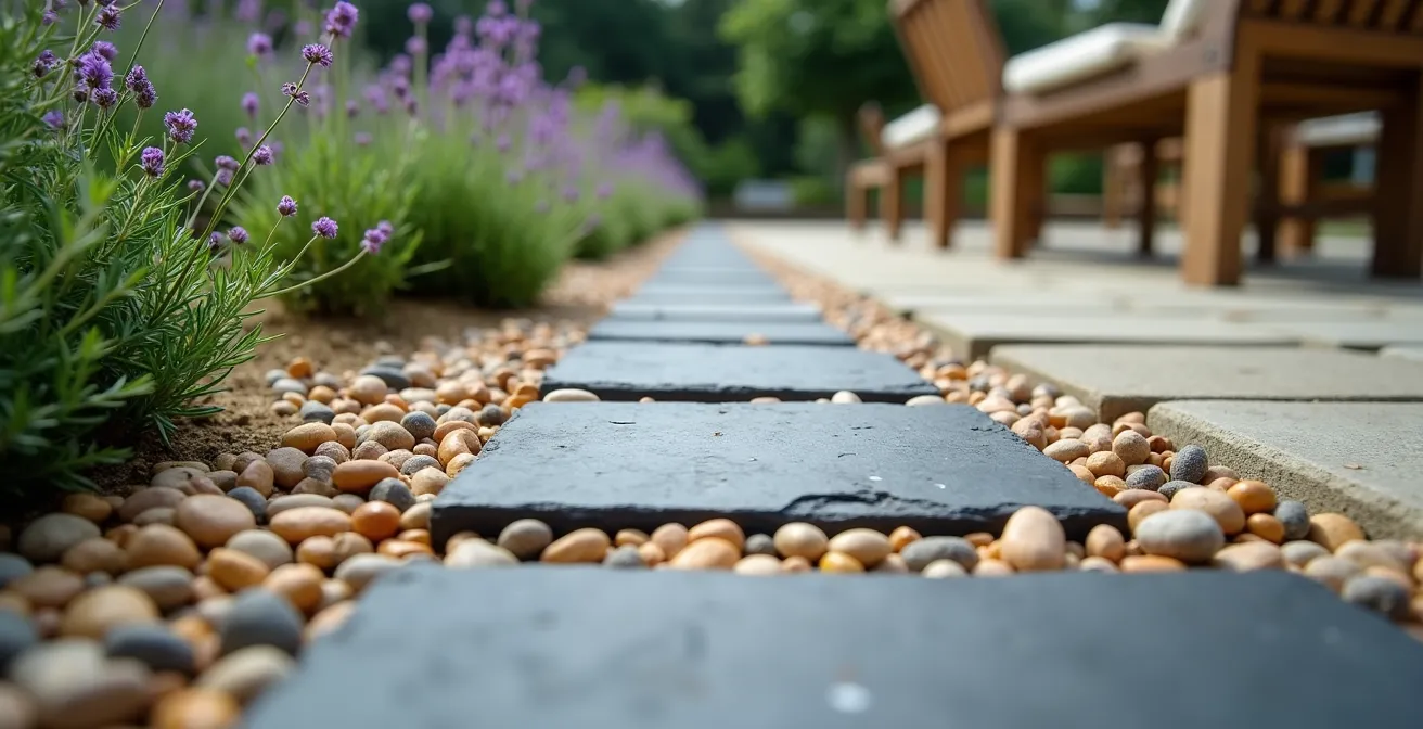 Vista aérea de jardín con diferentes zonas delimitadas por cambios de pavimento y materiales autóctonos como pizarra y madera.