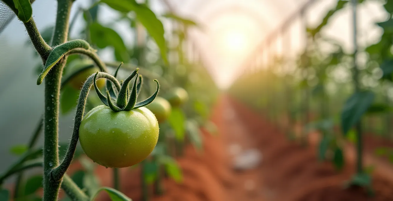 Detalle macro de malla de sombreo blanca protegiendo plantas de tomate bajo el sol intenso