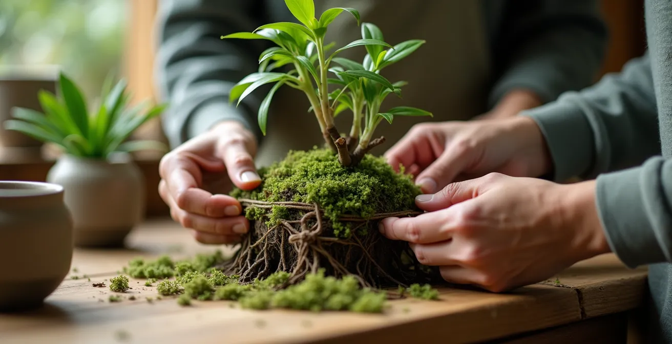 Manos trabajando en la creación de un kokedama con musgo y flores en un taller artesanal
