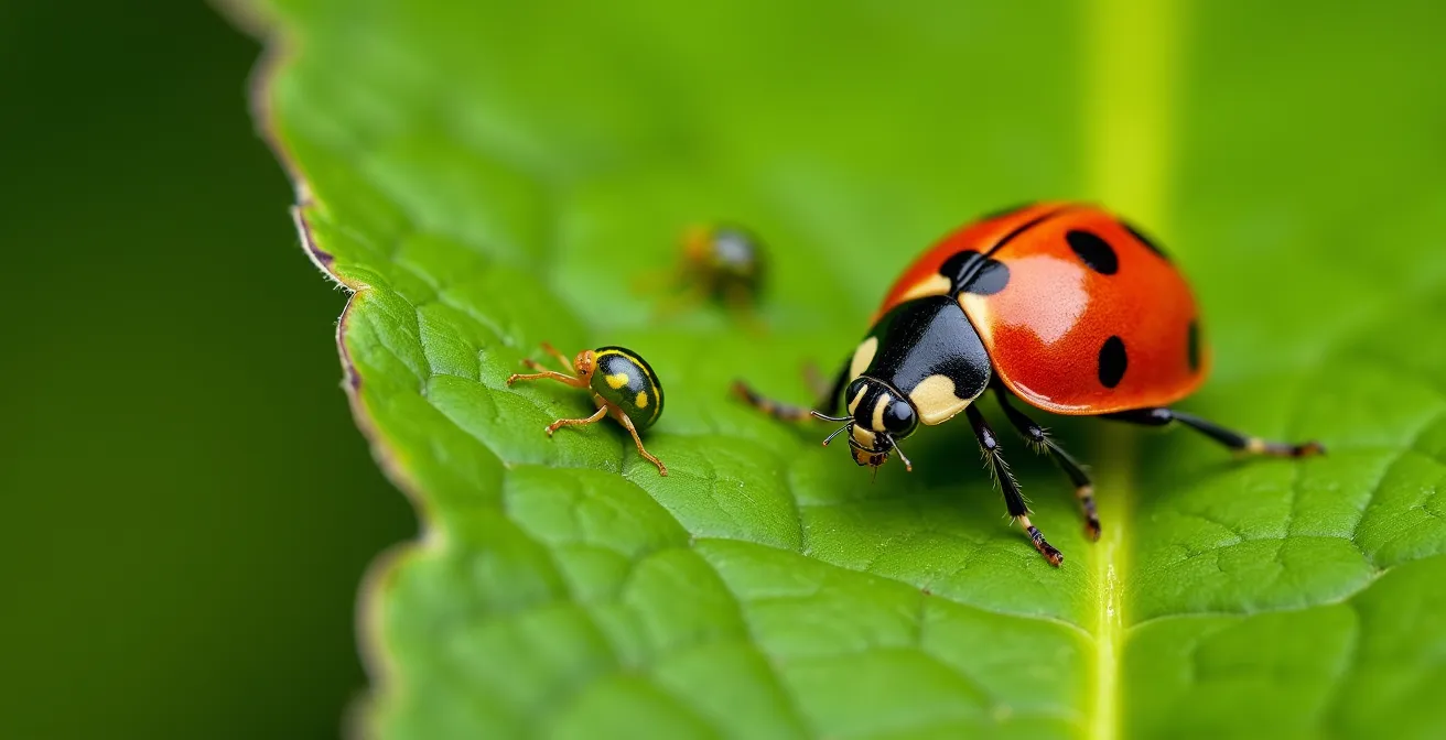 Mariquita ibérica sobre hoja controlando pulgones de forma natural