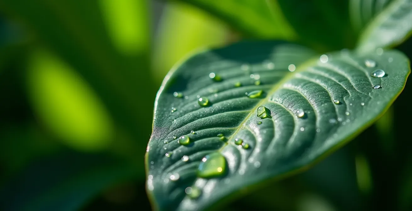 Detalle macro de los estomas en hojas de Zamioculcas mostrando su textura cerosa característica del metabolismo CAM
