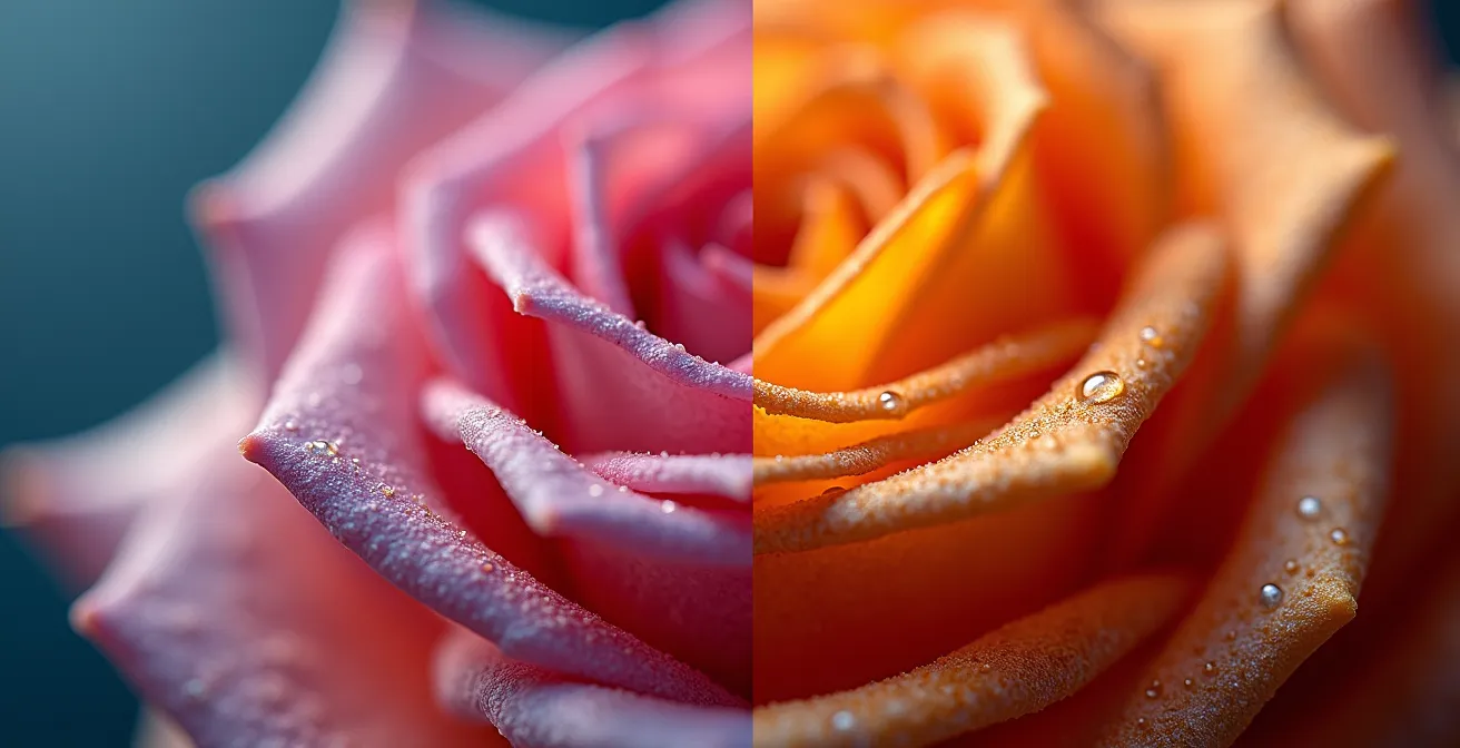 Vista macro de pétalos de rosa mostrando cristales de condensación y cambios celulares por temperatura