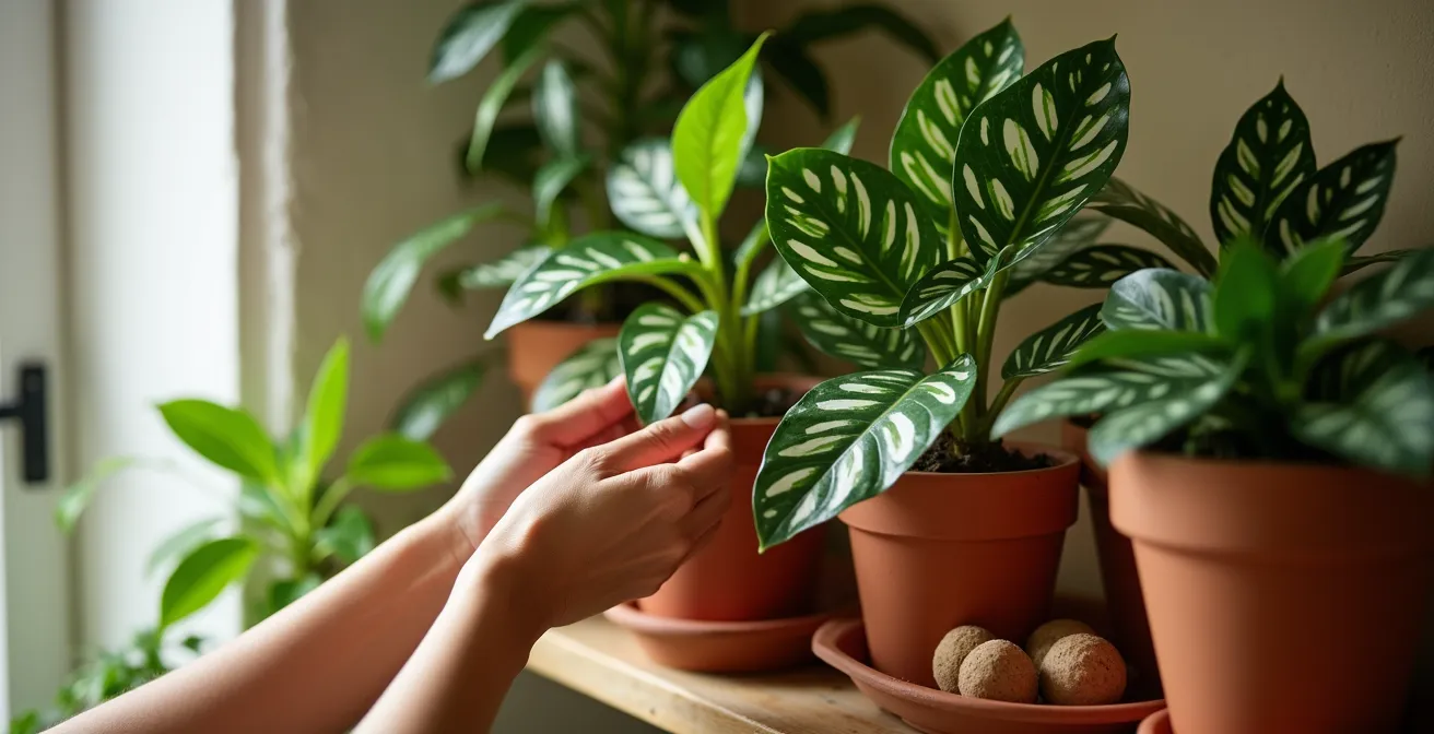 Grupo de Calatheas de diferentes variedades creando un microclima húmedo en un rincón sombreado de salón español